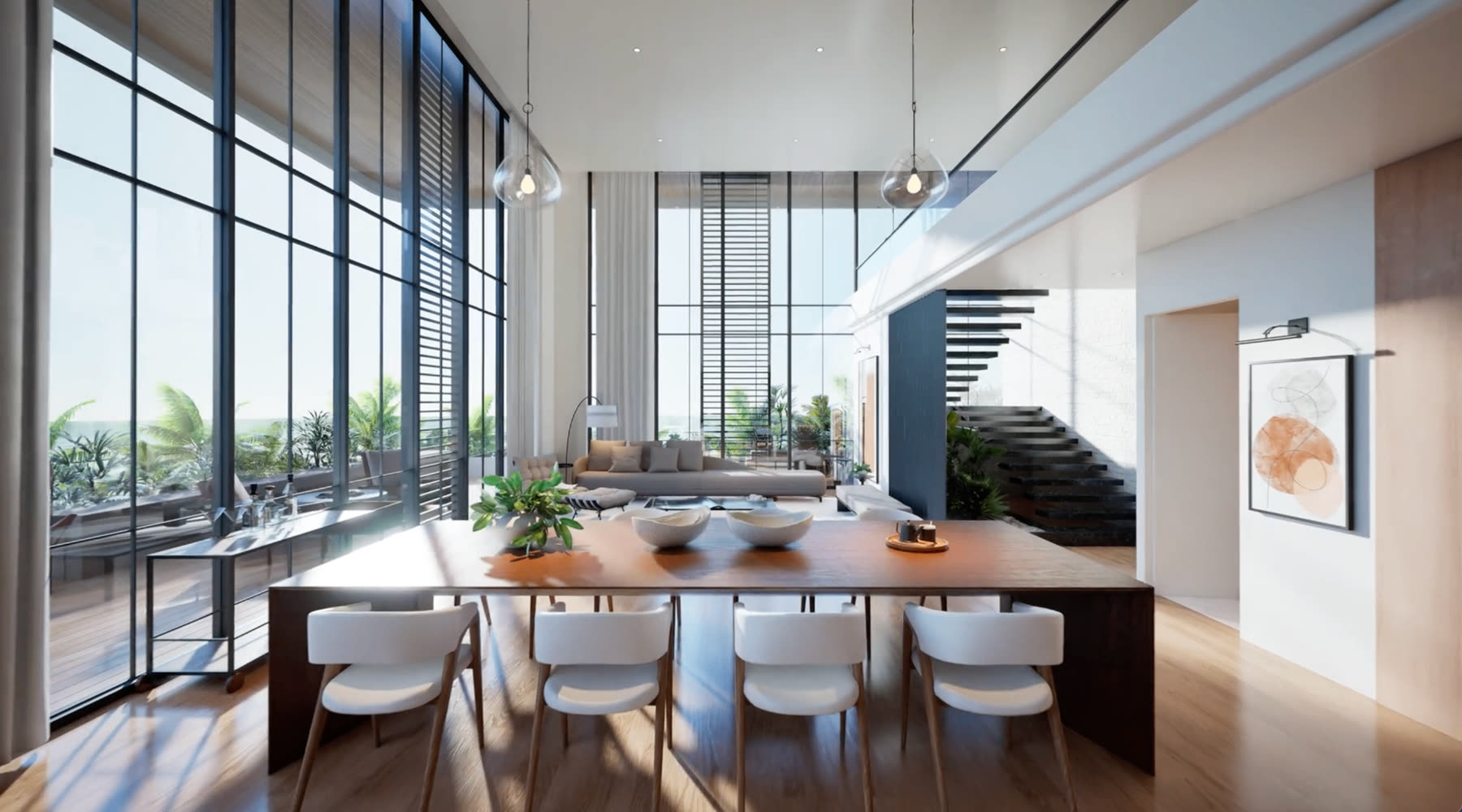 A rendered living space, furnished and lit